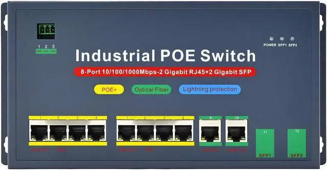 Alt view image 2 of 6 - UltraPoE Industrial 8 Port Gigabit PoE Switch 8 PoE+ 30W Power Over Ethernet Network Switch -30 to 70 6KV lightning protection