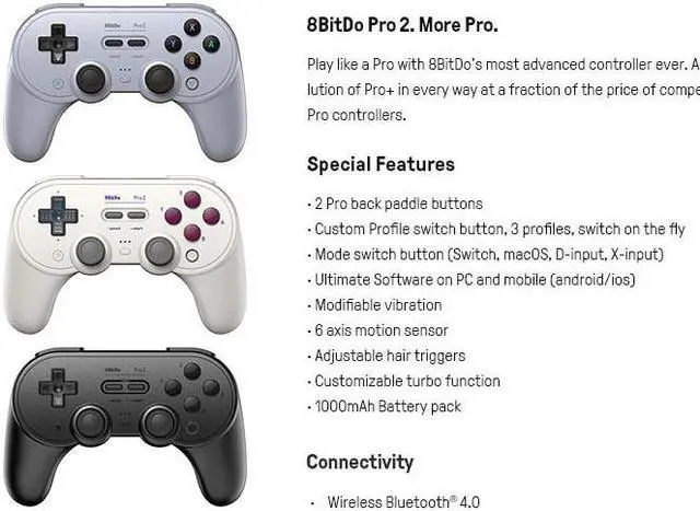 Alt view image 7 of 7 - 8Bitdo Pro 2 Bluetooth Controller for Switch/Switch OLED, PC, macOS, Android, Steam & Raspberry Pi (G Classic Edition) - Nintendo Switch
