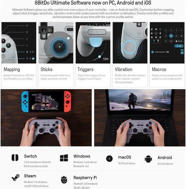 Alt view image 6 of 7 - 8Bitdo Pro 2 Bluetooth Controller for Switch/Switch OLED, PC, macOS, Android, Steam & Raspberry Pi (G Classic Edition) - Nintendo Switch