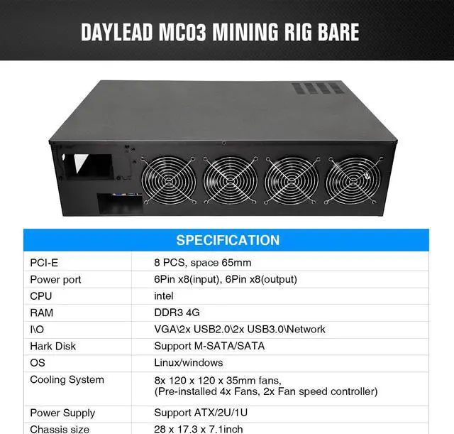 Alt view image 6 of 14 - DAYLEAD Mining Rig Case 8 GPU Mining Case Support 8 Cooling Fans(4 Preinstalled) and Mining Motherboard (Without GPU, PSU) for BTC/ETH/ZEC GPU Mining Rig