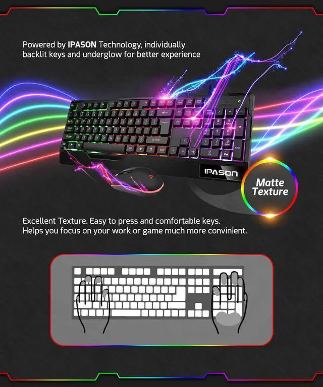 Alt view image 5 of 11 - IPASON Gaming Keyboard and Mouse Combo Wired,Color Changing LED Backlit Computer Gaming Keyboad,Lighted PC Gaming Mouse,USB Keyboard Clicky Keys,for PC Games Gamer Working,BLACK