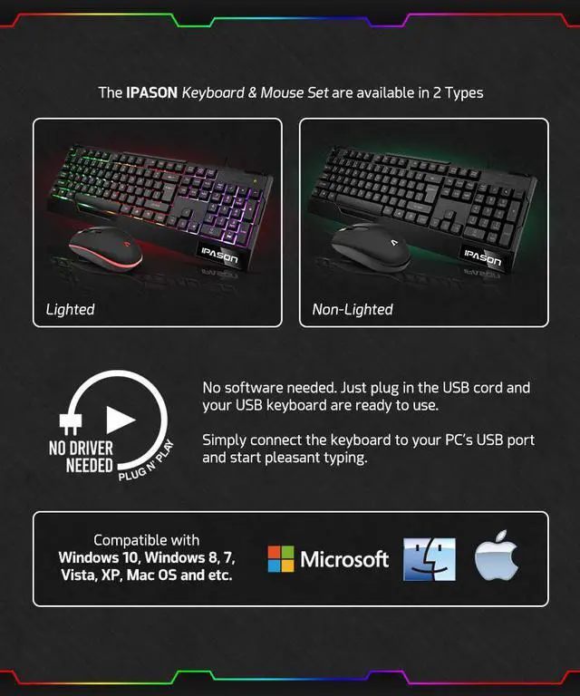Alt view image 7 of 11 - IPASON Gaming Keyboard and Mouse Combo Wired,Color Changing LED Backlit Computer Gaming Keyboad,Lighted PC Gaming Mouse,USB Keyboard Clicky Keys,for PC Games Gamer Working,BLACK