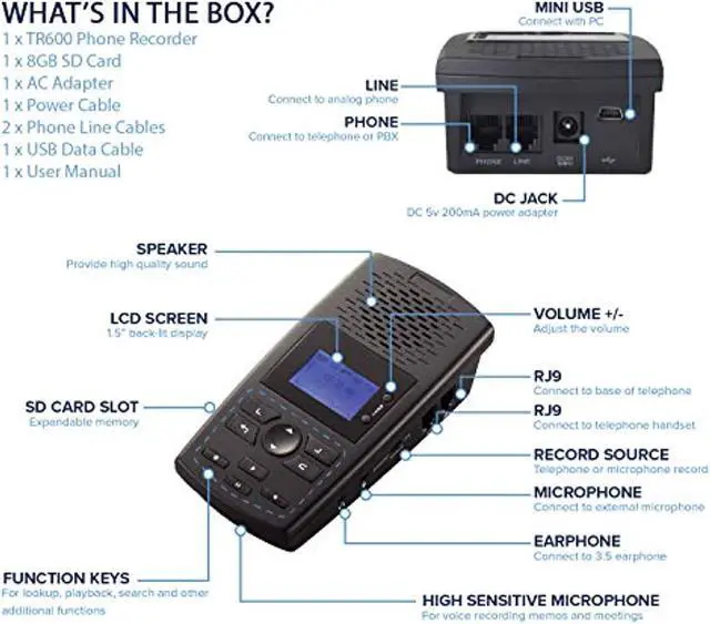 Alt view image 3 of 5 - RecorderGear TR600 Landline Phone Call Recorder for Analog/IP/Digital Lines, Automatic Telephone Recording Device (TR600)