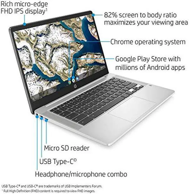 Main image of HP Chromebook 14-inch FHD Laptop, Intel Celeron N4000, 4 GB RAM, 32 GB eMMC, Chrome (14a-na0050nr, Mineral Silver)