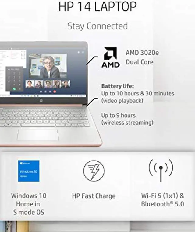 Alt view image 2 of 5 - HP - 14-fq0030nr 14 Laptop, AMD 3020e, 4 GB RAM, 64 GB eMMC Storage, 14-inch HD Display, Windows 10 Home in S Mode, Long Battery Life, Microsoft 365, (14-fq0030nr, 2020) Pale Rose Gold