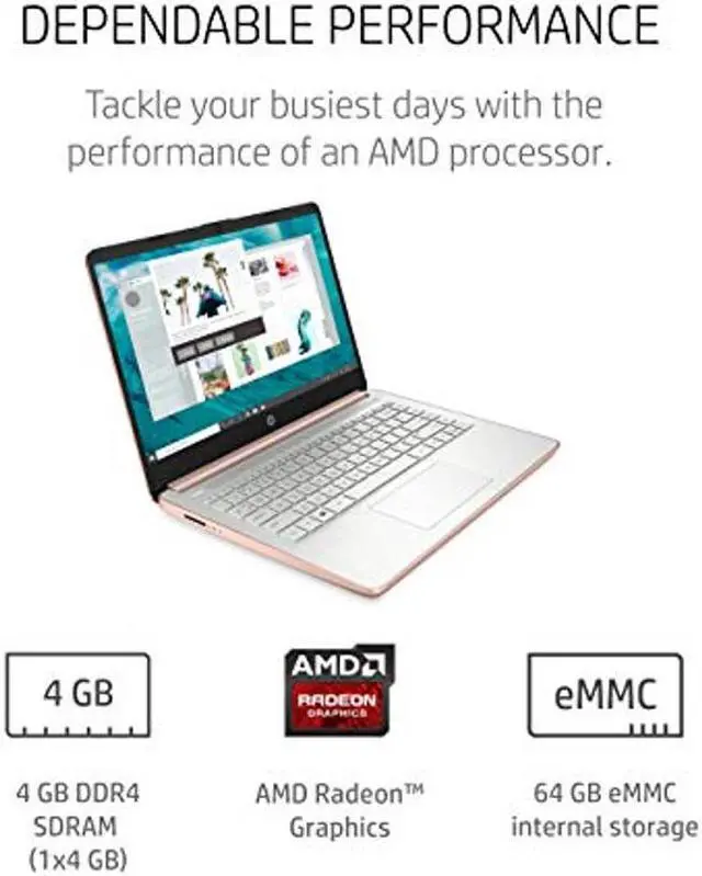 Alt view image 3 of 5 - HP - 14-fq0030nr 14 Laptop, AMD 3020e, 4 GB RAM, 64 GB eMMC Storage, 14-inch HD Display, Windows 10 Home in S Mode, Long Battery Life, Microsoft 365, (14-fq0030nr, 2020) Pale Rose Gold