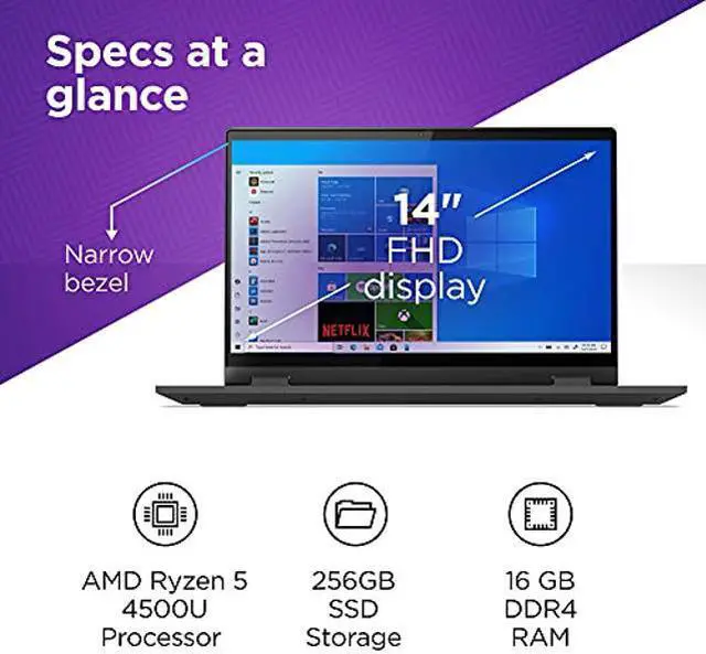 Alt view image 5 of 5 - Lenovo Flex 5 Laptop, 14.0" FHD (1920 x 1080) Touch Display, AMD Ryzen 5 5500U Processor, 16GB DDR4 RAM, 256GB NVMe SSD Storage, AMD Radeon Graphics, Windows 11 Home, 82HU00JWUS, Graphite Grey - OEM