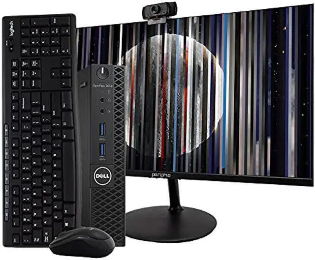 Main image of Dell OptiPlex 3050 Micro Desktop Computer PC, Intel Quad Core i5, 16GB RAM, 512 GB SSD, Windows 10 Pro, 23.6 Periphio Monitor, New Periphio Webcam, Wireless Keyboard & Mouse, HDMI, WiFi (Renewed)