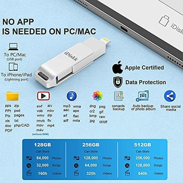 Alt view image 2 of 5 - iOS MFi Certified iDiskk 256GB Flash Drive Photo Stick Mobile for iPhone (13/12/12 pro/12 pro max/11/11 Pro/XR/X) Memory Stick iPad External Photo Storage for MacBook/Laptops/ PC Photo Stick