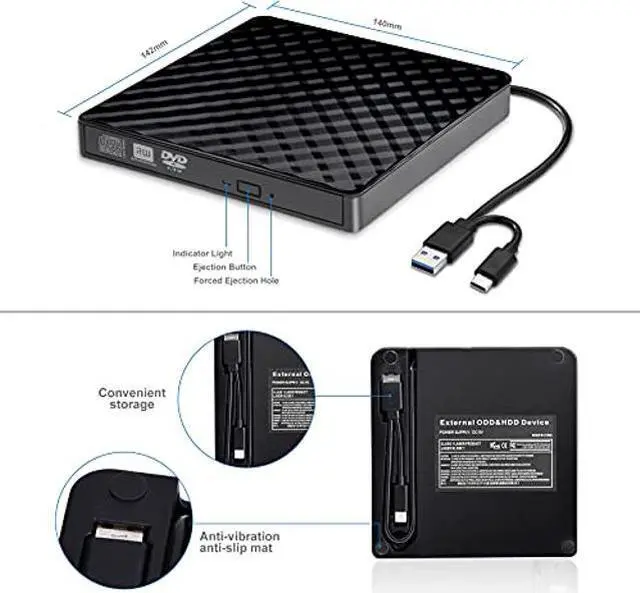 Alt view image 5 of 5 - External CD DVD Drive, USB 3.0 and Type-C Portable CD DVD +/-Rw Drive Reader, DVD/CD ROM Burner Rewriter, Slim Optical DVD Drive for Laptop, Desktop (8X, External CD DVD Drive, Black)