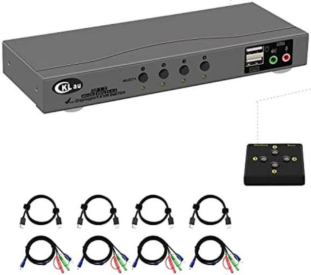 Main image of CKLau 4 Port Displayport Cable KVM Switch with Audio and Microphone Support Wireless Keyboard Mouse, Remote Switching DP 1.2 Version 4K@60Hz