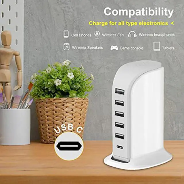 Alt view image 3 of 5 - Charging Station for Multiple Devices 40W Upoy, Wall Charger Block 5 USB Ports(Shared 6A), USB Charging Hub Smart IC, Charger Tower with Type-C 3A for iPhone iPad Tablets Smartphones, Home Office Use