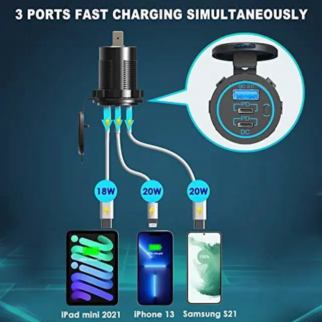 Alt view image 2 of 5 - 12V USB Outlet USB C Car Charger Socket - Newest 58W Lengthened RV USB Outlet 12V Socket Dual 20W PD3.0 USB-C and 18W QC3.0 Car USB Port with Button Power Switch for Car Boat Marine RV Motorcycle