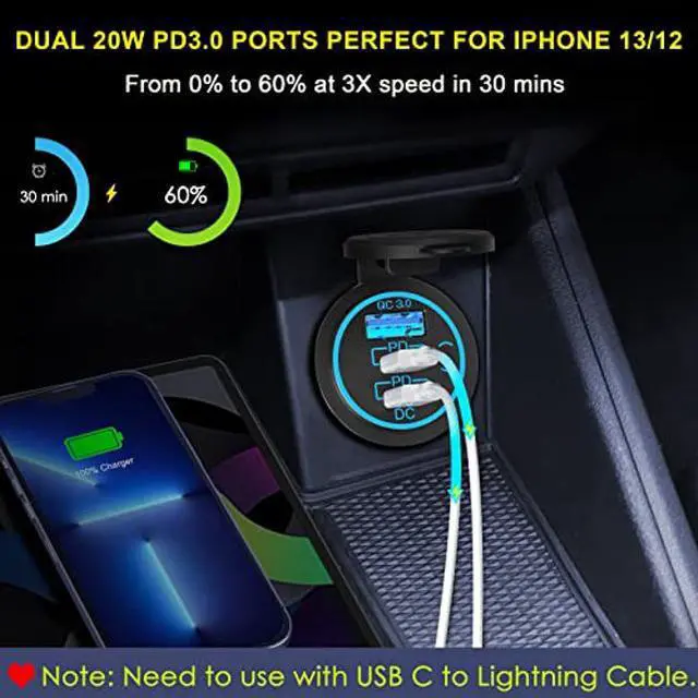 Alt view image 3 of 5 - 12V USB Outlet USB C Car Charger Socket - Newest 58W Lengthened RV USB Outlet 12V Socket Dual 20W PD3.0 USB-C and 18W QC3.0 Car USB Port with Button Power Switch for Car Boat Marine RV Motorcycle