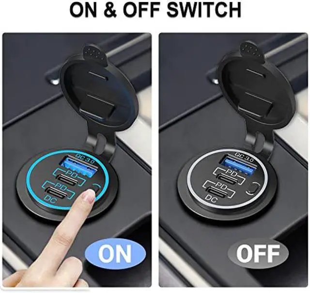 Alt view image 5 of 5 - 12V USB Outlet USB C Car Charger Socket - Newest 58W Lengthened RV USB Outlet 12V Socket Dual 20W PD3.0 USB-C and 18W QC3.0 Car USB Port with Button Power Switch for Car Boat Marine RV Motorcycle