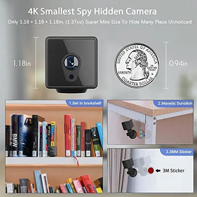 Alt view image 2 of 5 - Hidden Camera with Live Feed WiFi, Mini Spy Camera, Jayol HD 4K Wireless Hidden Live Stream, Night Vision and Motion Activated Spy Cam Nanny Cam, Security Camera for Home and Outdoor