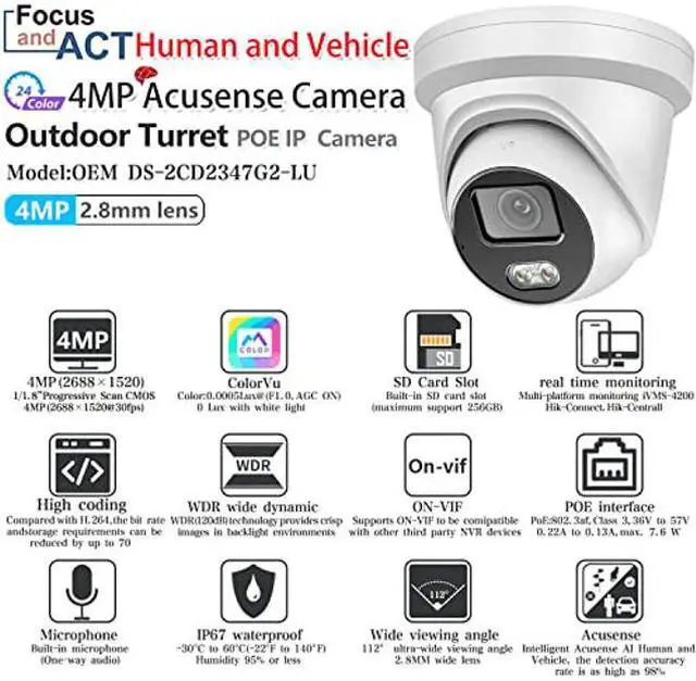 Alt view image 2 of 5 - 4MP Acusense ColorVu POE Turret IP Camera - OEM DS-2CD2347G2-LU,Outdoor Full Color Night Vision Camera with AI Human and Vehicle Detection,2.8mm Lens,Mic/Audio,MicroSD Slot,WDR,IP67 Waterproof