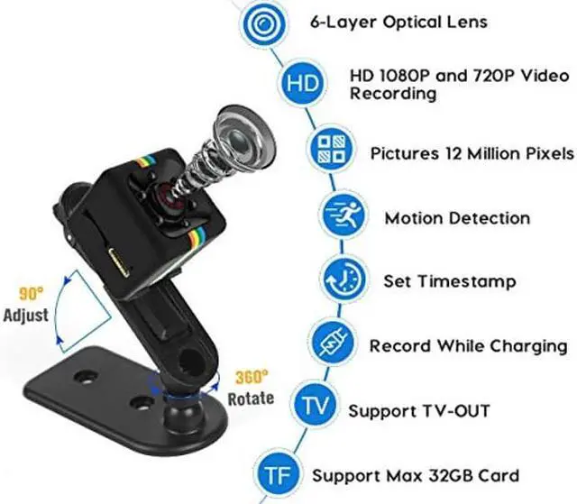 Alt view image 2 of 5 - Mini Spy Camera with Night Vision - Hidden Camera HD 1080P Cop Cam 120deg Small Camera Nanny Cam, 360deg Adjustable Bracket Car Camera for Motion Detection