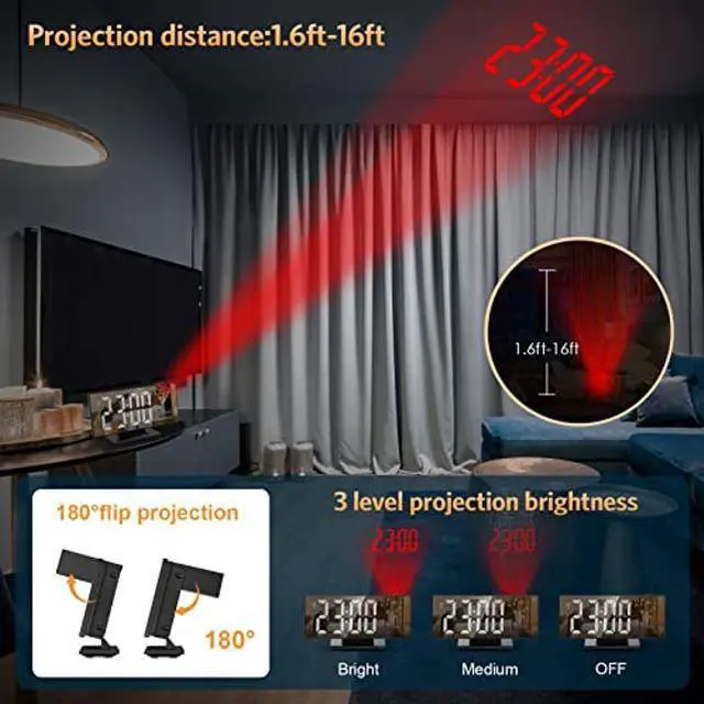 Alt view image 3 of 5 - JXTZ Digital Alarm Clock, Digital Clock for Bedroom with Large LED Screen, 180deg Projection Alarm Clock for Heavy Sleepers, USB Charging Port, Snooze, Memory Function, Brightness-Adjustable