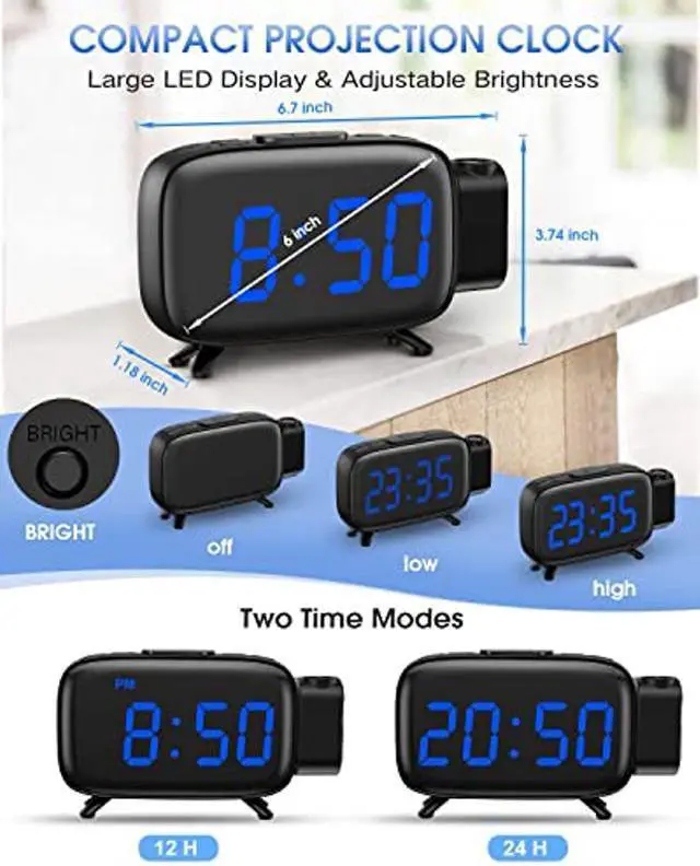 Alt view image 3 of 5 - Digital Alarm Clock, AKKIGL Alarm Clocks for Bedrooms with FM Radio and USB Charger, Projection Alarm Clock with Dual Alarms, 7 Sounds, Snooze, Dimmable Large LED Display Clock for Kids Teens Adults