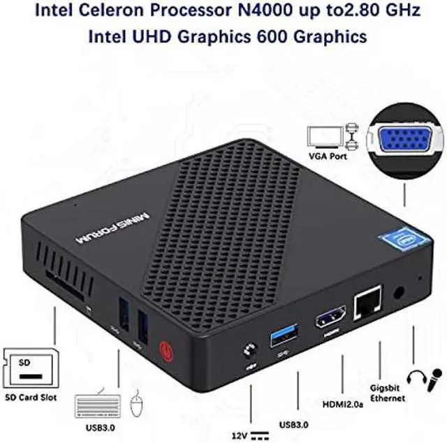 Alt view image 3 of 5 - Mini PC Celeron N4020(up to 2.8GHz), DDR4 4GB/64GB eMMC Mini PC Fanless UHD 4k@60Hz, Mini Computer Support HDMI&VGA, USB3.0, 2.4/5.8G Wi-Fi, DIY NGFF 2242 SSD