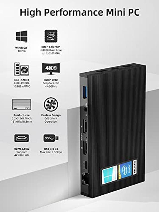 MeLE Quieter2D Fanless Mini PC Windows 11 Pro 4GB 128GB Celeron