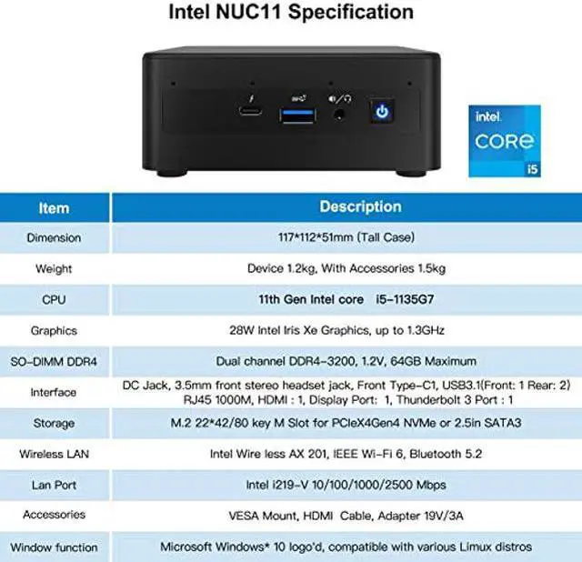 Alt view image 2 of 5 - Intel NUC, Intel NUC 11 Mini PC, Panther Canyon NUC11PAHi5, Win10 Pro Mini Computer, Intel Core i5-1135G7,Up to 4.2GHz Turbo,4core,28W Intel Iris Xe Graphics,WiFi6,Thunderbolt 3(16GB RAM+512GB SSD)