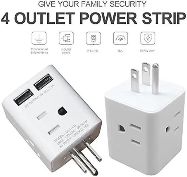 Alt view image 2 of 5 - Multi Plug Outlet Extender , Plug Adapter with 4 AC Sockets and 2 USB Ports 2.1A, Vsanstar Plug Extender, Wall Outlet Expander with 3 Prong, Power Charging Cube Expander for Home, Office, Hotel, Dorm