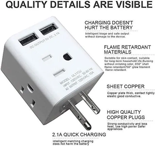Alt view image 3 of 5 - Multi Plug Outlet Extender , Plug Adapter with 4 AC Sockets and 2 USB Ports 2.1A, Vsanstar Plug Extender, Wall Outlet Expander with 3 Prong, Power Charging Cube Expander for Home, Office, Hotel, Dorm