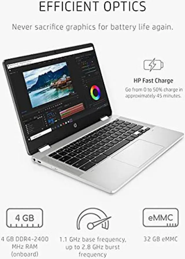 Alt view image 3 of 5 - HP Chromebook x360 14 Laptop, Intel Celeron Processor, 4 GB RAM, 32 GB eMMC, 14" HD (1366 x 768), Chrome OS, Webcam & Dual Mics, Work, Entertainment, School, Long Battery Life (14a-ca0040nr, 2021)