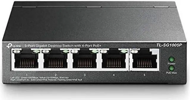 Main image of TP-Link TL-SG1005P, 5 Port Gigabit PoE Switch, 4 PoE+ Ports @65W, Desktop, Plug & Play, Sturdy Metal w/ Shielded Ports, Fanless, QoS & IGMP Snooping,black