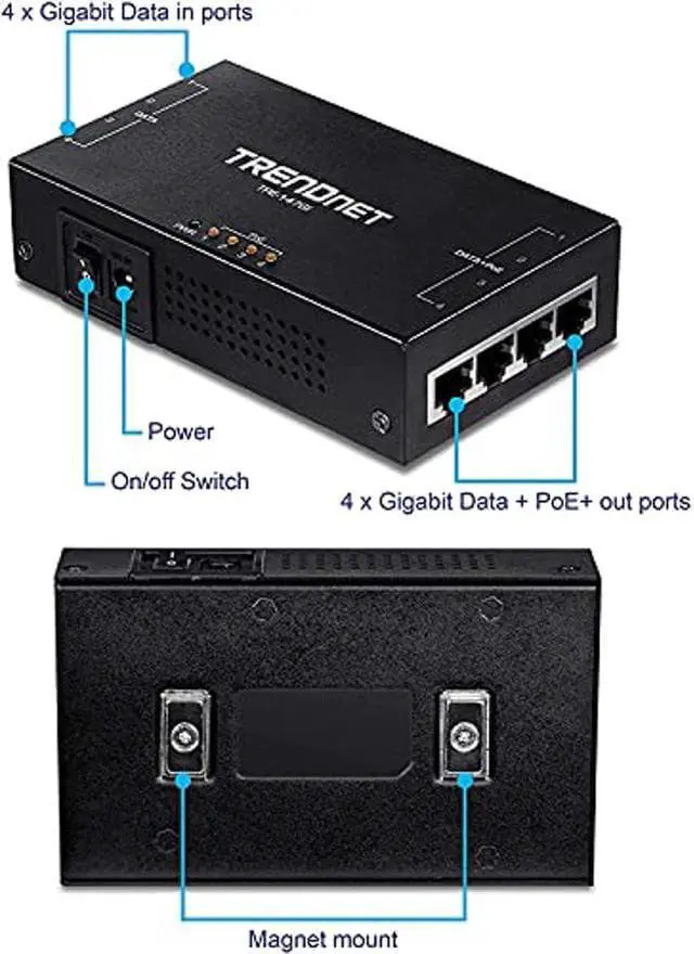 Alt view image 5 of 5 - TRENDnet 65W 4-Port Gigabit PoE+ Injector, TPE-147GI, 4 x Gigabit Ports(Data in), 4 x gigabit PoE Ports(Data + PoE Out), Multi-Port PoE+ Injector up to 100m(328 ft.), Add PoE+ Power to Non-PoE Switch