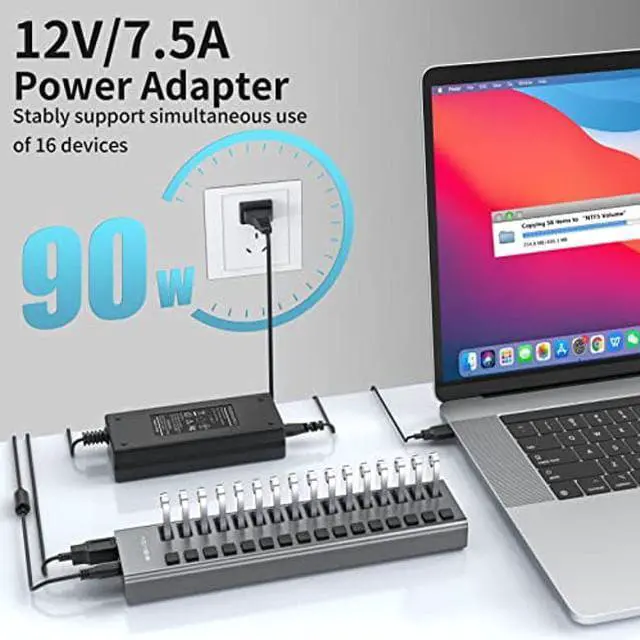 Alt view image 2 of 5 - ACASIS Powered USB Hub,16 Ports USB 3.0 Data Hub, Individual On/Off Switches, 12V7.5A 90W Power Adapter, USB Hub 3.0 Splitter Extension for MacBook, Mac Pro/Mini, iMac, Surface Pro Laptop/PC