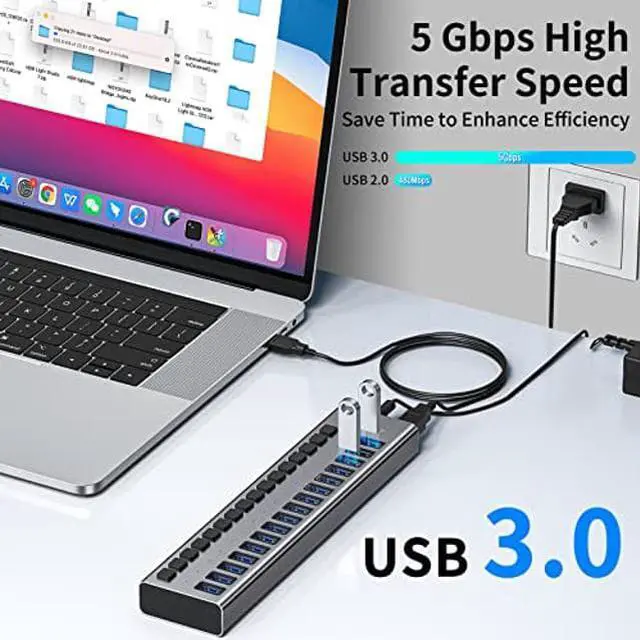 Alt view image 3 of 5 - ACASIS Powered USB Hub,16 Ports USB 3.0 Data Hub, Individual On/Off Switches, 12V7.5A 90W Power Adapter, USB Hub 3.0 Splitter Extension for MacBook, Mac Pro/Mini, iMac, Surface Pro Laptop/PC