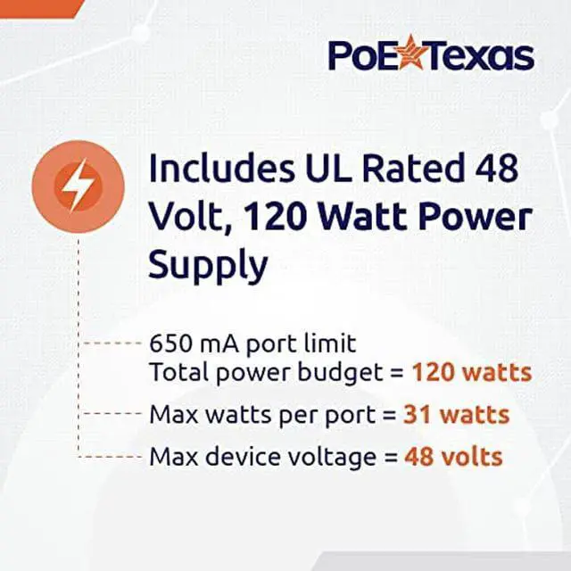 Alt view image 4 of 5 - PoE Texas 8 Port PoE Injector - 10/100 Passive Power Over Ethernet with 48V 120W UL Power Supply - 802.3af and 802.3at compatible PoE Injector for VoiP Phones, WiFi Access Points, IP Cameras - Add PoE