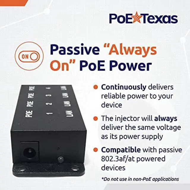 Alt view image 5 of 5 - PoE Texas 8 Port PoE Injector - 10/100 Passive Power Over Ethernet with 48V 120W UL Power Supply - 802.3af and 802.3at compatible PoE Injector for VoiP Phones, WiFi Access Points, IP Cameras - Add PoE