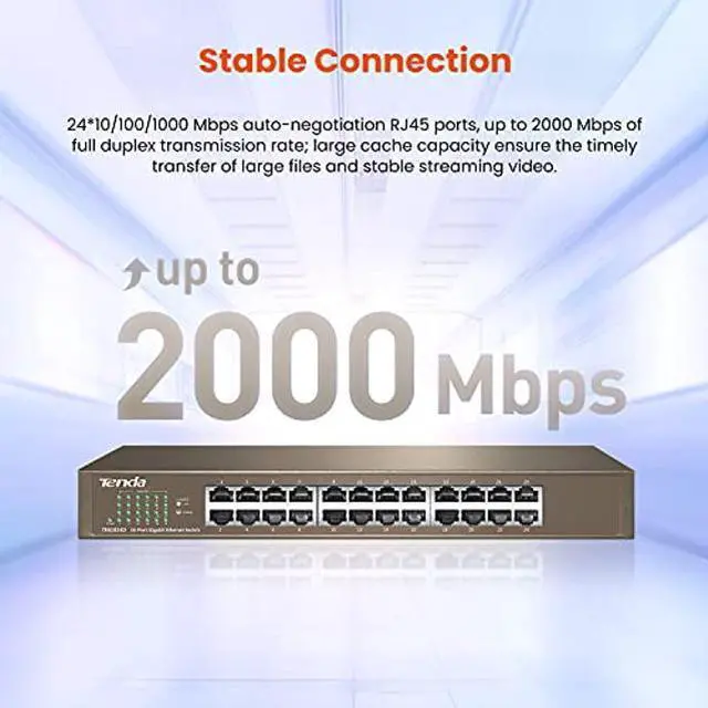 Alt view image 2 of 5 - Tenda 24 Port 10/100/1000Mbps Gigabit Unmanaged Ethernet Switch (TEG1024D) | Desktop Network Splitter | Sturdy Metal | Fanless | Plug & Play | Traffic Optimization | Limited Lifetime Protection