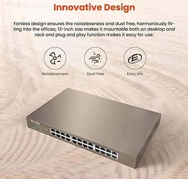 Alt view image 5 of 5 - Tenda 24 Port 10/100/1000Mbps Gigabit Unmanaged Ethernet Switch (TEG1024D) | Desktop Network Splitter | Sturdy Metal | Fanless | Plug & Play | Traffic Optimization | Limited Lifetime Protection