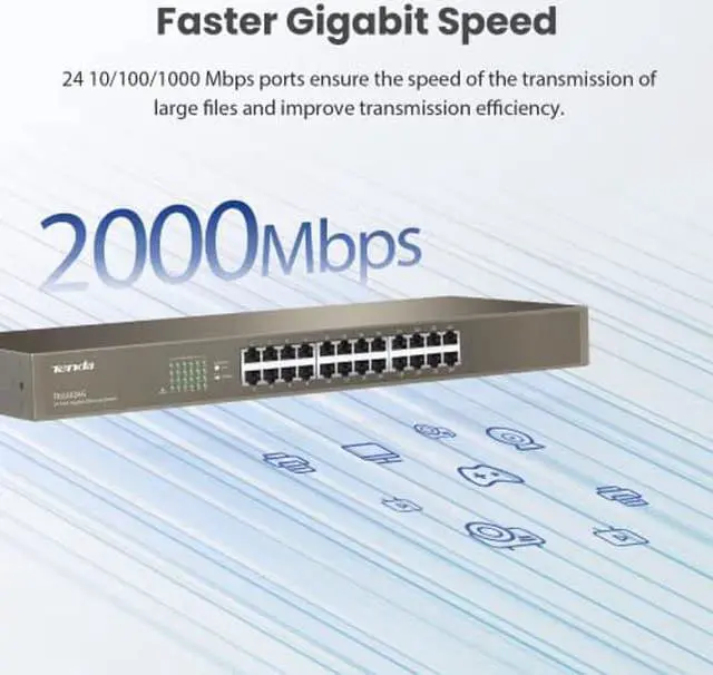 Alt view image 3 of 5 - Tenda 24-Port Unmanaged Gigabit Ethernet Switch, Ethernet Splitter(TEG1024G)|Plug & Play|Shielded Ports|Sturdy Metal|Desktop/Wall-Mount|Fanless|Limited Lifetime Protection