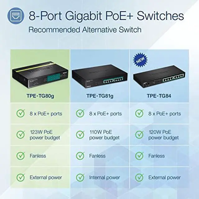Alt view image 2 of 5 - TRENDnet 8-Port Gigabit PoE+ Switch, 8 x Gigabit PoE+ Ports, 123W PoE Power Budget, 16 Gbps Switching Capacity, Desktop Switch, Ethernet Network Switch, Metal, Lifetime Protection, Black, TPE-TG80G