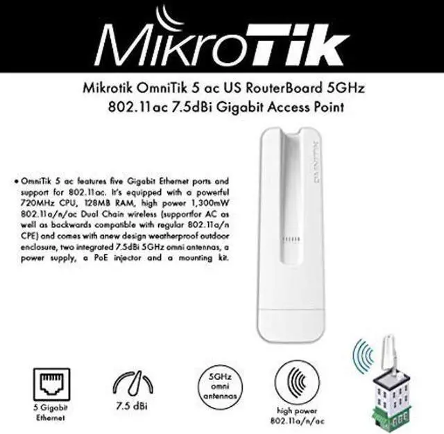 Main image of Mikrotik OmniTIK 5 ac (RBOmniTikG-5HacD-US) 5GHz 802.11ac 7.5dBi Gigabit Ethernet ports for 802.11ac Access Point