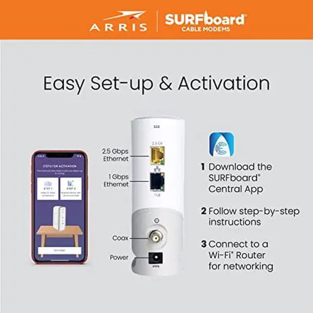 Alt view image 5 of 5 - ARRIS Surfboard S33 DOCSIS 3.1 Multi-Gigabit Cable Modem | Approved for Comcast Xfinity, Cox, Spectrum & More | 1 & 2.5 Gbps Ports | 2.5 Gbps Max Internet Speeds | 4 OFDM Channels | 2 Year Warranty