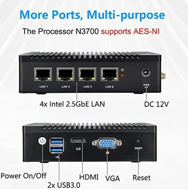 Alt view image 2 of 5 - VNOPN Micro Firewall Appliance 4 Intel 2.5GbE NIC Ports Fanless Mini PC, Network Gateway Soft Router Mini Computer Intel N3700 Quad Core, Support AES-NI, 4GB DDR3, 64GB mSATA SSD