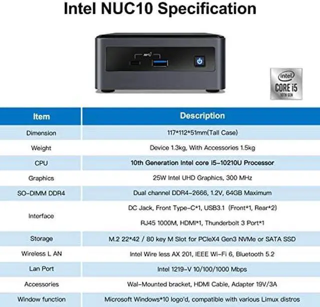 Alt view image 5 of 5 - Intel NUC, Intel NUC 10 Mini PC, Frost Canyon NUC10i5FNHN, Win10 Pro Mini Computer, Intel Core i5-10210U,Up to 4.2GHz Turbo,4 core,25W Intel UHD Graphics, WiFi6, Thunderbolt 3(8 GB RAM+256 GB SSD)