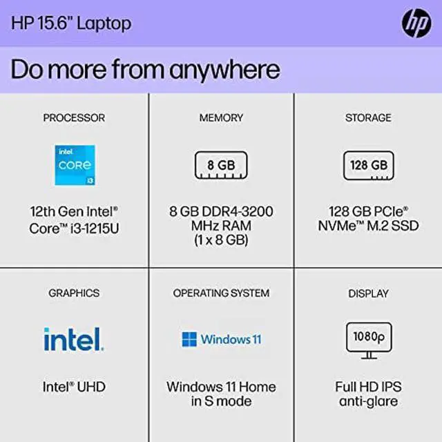 Alt view image 2 of 5 - HP 15 inch Laptop, FHD Display, Intel Core i3-1215U, 8 GB RAM, 128 GB SSD, Intel UHD Graphics, Windows 11 Home in S Mode, 15-dy5599nr (2023)