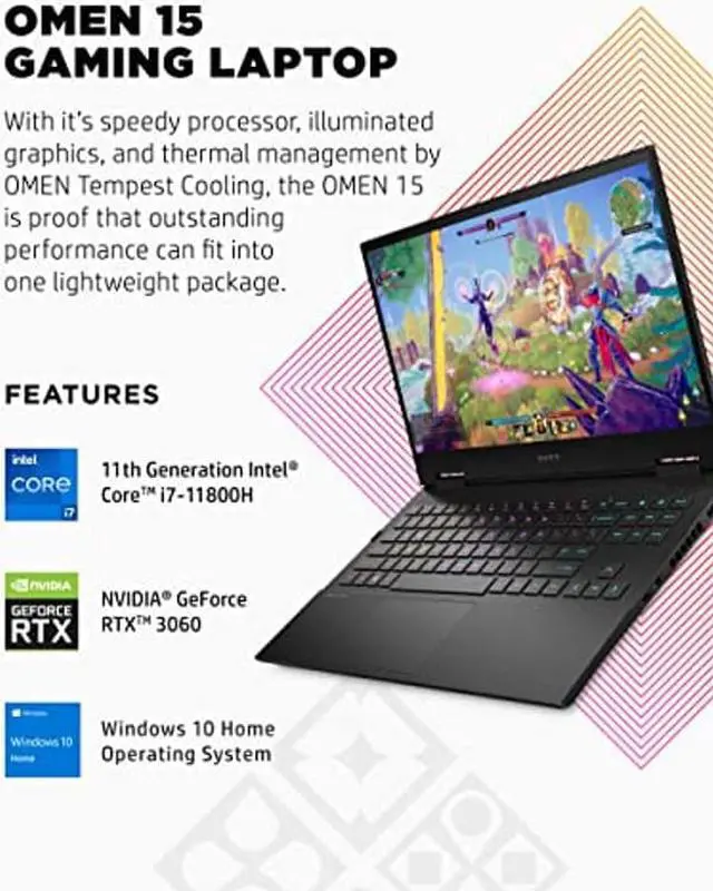 Alt view image 2 of 5 - HP OMEN 15 Gaming Laptop, NVIDIA GeForce RTX 3060, 11th Generation Intel Core i7-11800H, 8 GB RAM, 512 GB SSD, 15.6" 144 Hz Full HD Display, Windows 10 Home, RGB Backlit Keyboard (15-ek1010nr, 2021)