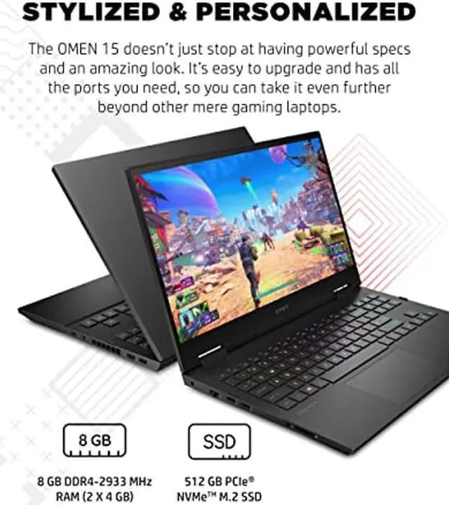 Alt view image 4 of 5 - HP OMEN 15 Gaming Laptop, NVIDIA GeForce RTX 3060, 11th Generation Intel Core i7-11800H, 8 GB RAM, 512 GB SSD, 15.6" 144 Hz Full HD Display, Windows 10 Home, RGB Backlit Keyboard (15-ek1010nr, 2021)