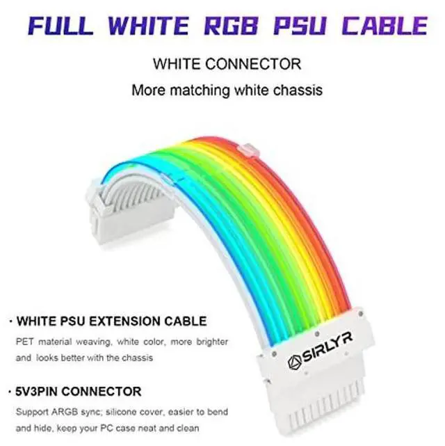 Alt view image 4 of 4 - Sirlyr RGB PSU Cables,ARGB Motherboard Power Supply Cable,24 Pin+2 * 8 Pin Sleeved Cable Extension Set,5V 3Pin Synchronized,Customed White PC Chassis(White Connector Strip Style)