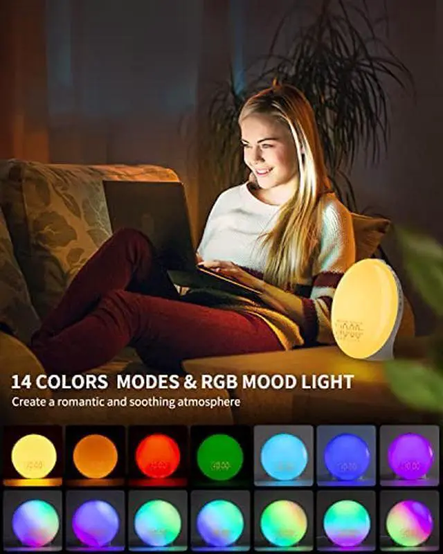Alt view image 3 of 5 - Wake Up Light Sunrise Alarm Clock & Dual Alarms, 8 Sounds, Snooze, FM Radio, Sleep Aid, Light Alarm Clock & 14 Colors, Sunlight Alarm Clock, Loud Alarm Clock for Heavy Sleepers Adults, Ideal for Gift