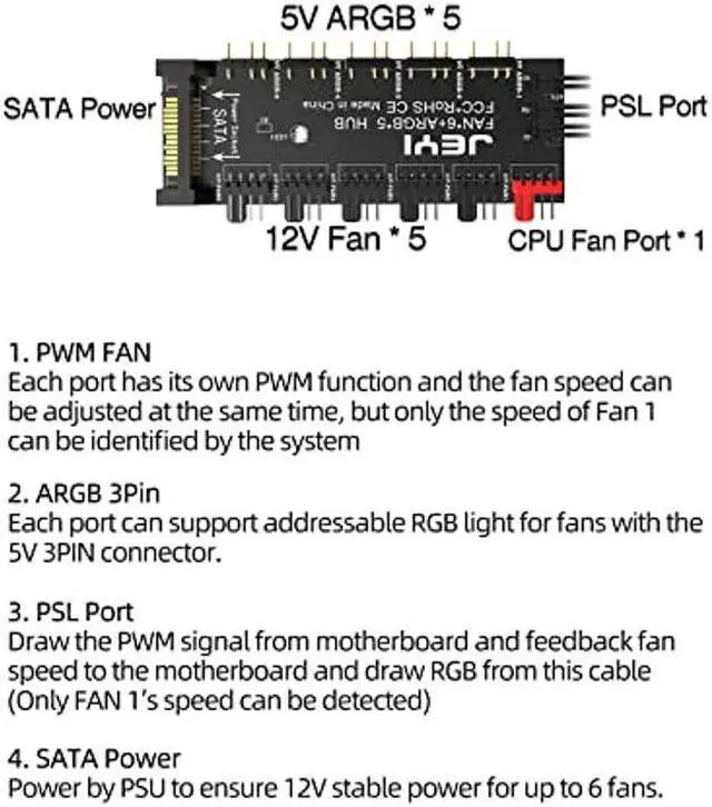 Alt view image 2 of 5 - JEYI ARGB PWM 5 Way Fan Hub, Addressable 12V 4Pin PWM & 5V 3Pin ARGB 2-in-1 Hub, RGB Fan, RGB Strip Splitter